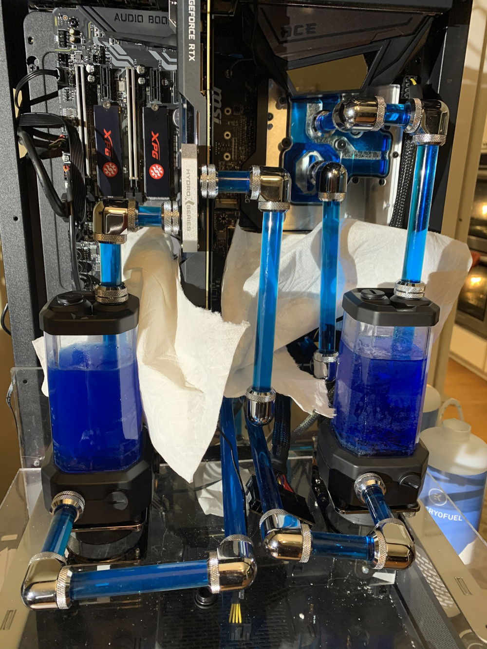 May 5 - filled the loop with blue EKWB Cryofuel. Pressure tested. With EKWB pressure gauge and ran overnight. No leaks!