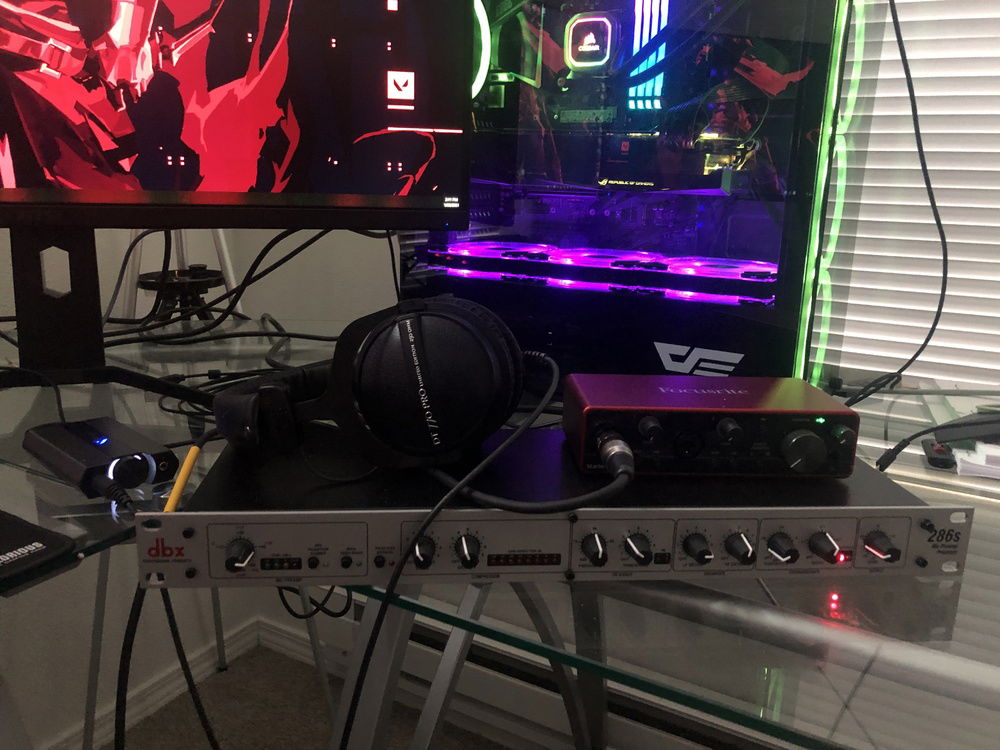focusrite 212, DBX 286s, Beyerdynamics DT 770 Pro, Sound blaster G7