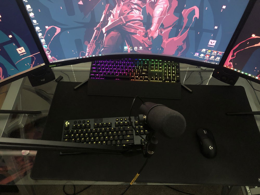 Corsair K70 keyboard (need NumPad for work), Logitech 915 keyboard (gaming), Logitech Pro X Superlight mouse, Shure SM7B Microphone, Glorious Gaming mouse pad