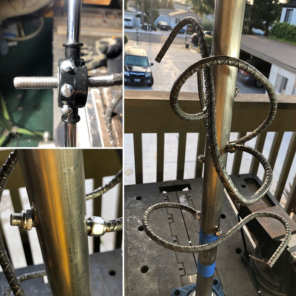 Mounting the bent rebar on the center pole by threading the ends and using a locknut on each side