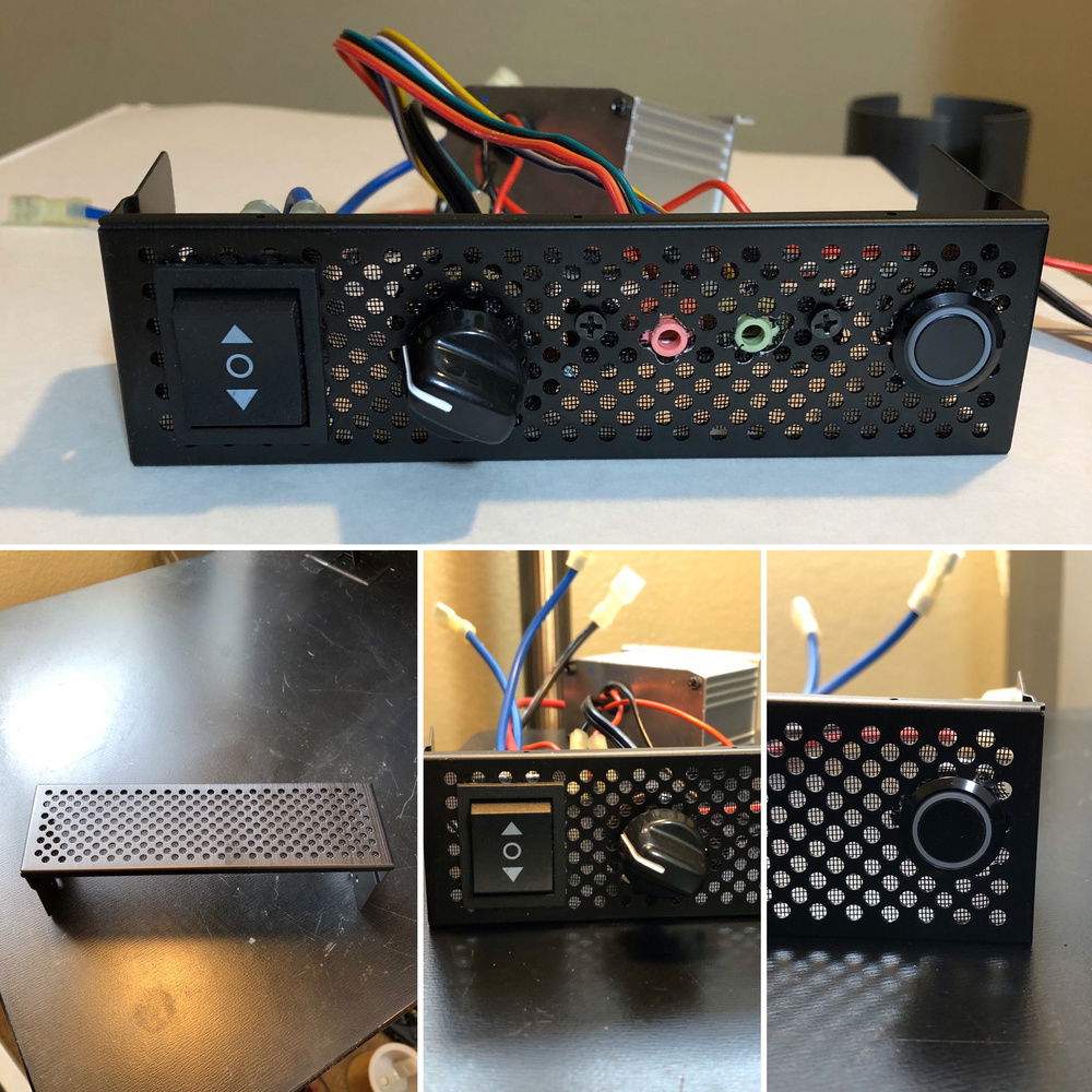 I used a Lian Li 5.25 drive slot cover and cut holes for the electronics.