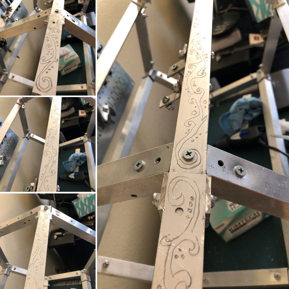 Engraving on the first leg of six on the Rotating PC's square pipe Aluminum frame.