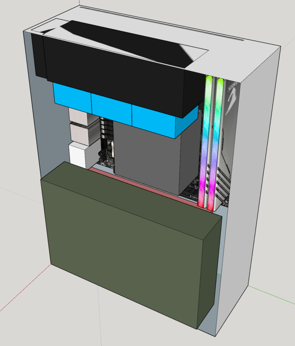 Black: Triple 40mm radiator;
Blue: 3x 40x20mm PWM fans;
Dark green: GPU;
Red: FlexATX PSU;
Gray: CPU block/pump/reservoir combo.