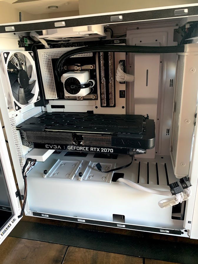 new card day, had an issue as suspected that the power cables ran normally will hit the side screen and was correct, the option to move to side with the $20 adapter was perfect but alot of black in the case now