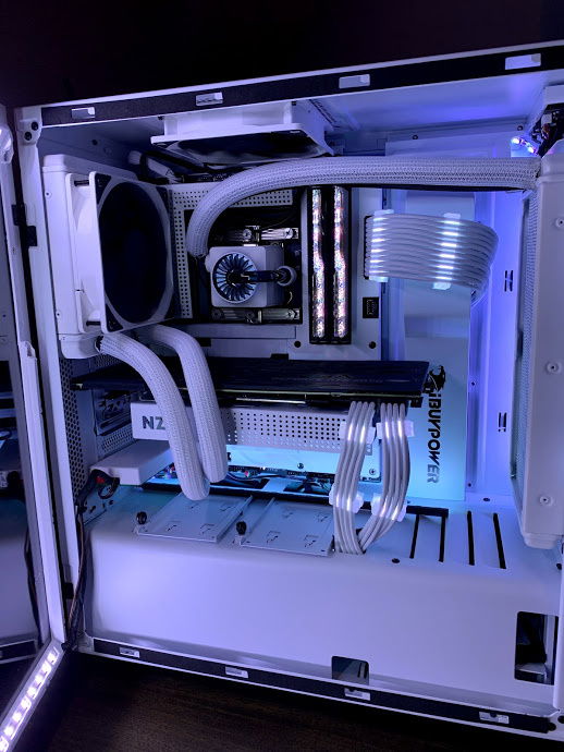 ordered corsair matching fans for inside to replace temporary fans plus adding 2 to the radiator inside now that power is moved, removed black top of GPU to paint.
So work is in progress.