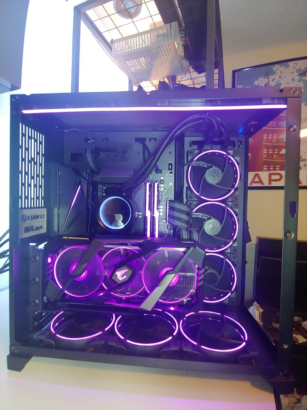 I could get the lighting on the pump and everything else in sync, but I actually like them being slightly out of phase with each other. Every few cycles they end up synced for a few. Personally, it adds some visual interest. 

There's a few 3rd party RGB control software projects I'm following, once they work a bit better with this hardware the plan is to make a more fine tuned pattern (that will have even more, but deliberate, out of phase elements).