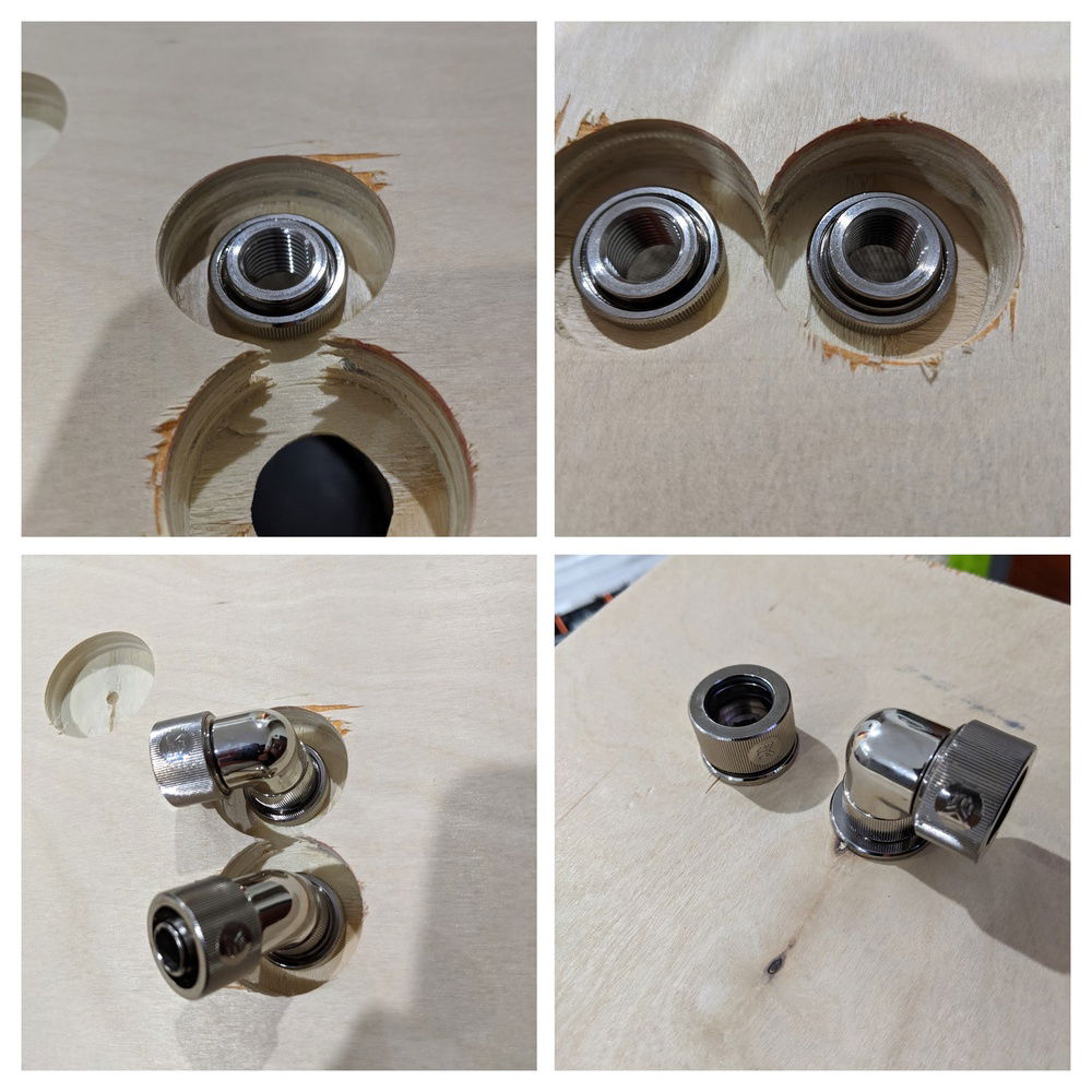 This is a first attempt on a piece of scrap to mount the pass through fittings. 
The plywood I am using is oak and is 3/4" thick. I had a drill a pilot hole through the board, then from the back side I used a 1.5" forstner bit through about 3/4ths the thickness of the plywood. I then used a 3/8" forstner bit to drill the front hole all of the way through the remaining. 
This gave me a pocket on the back side to put the pass through fitting and washer to tighten it down. 
Ignore the rough edges on the back, it is on birch plywood that splinters like crazy, the oak should be much better and I will clean up with sandpaper and a file later. 
So far I am please with this proof of concept. The bottom right image is the front of the panel that you would be able to see.