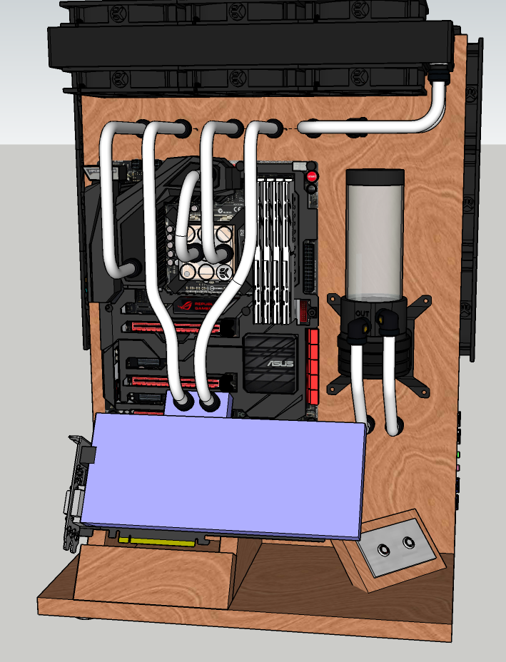 I made some updates to the GPU mounting. I also used the measurements for the Asus 2080ti EK block (in blue). This revealed a few problems that I had to address.