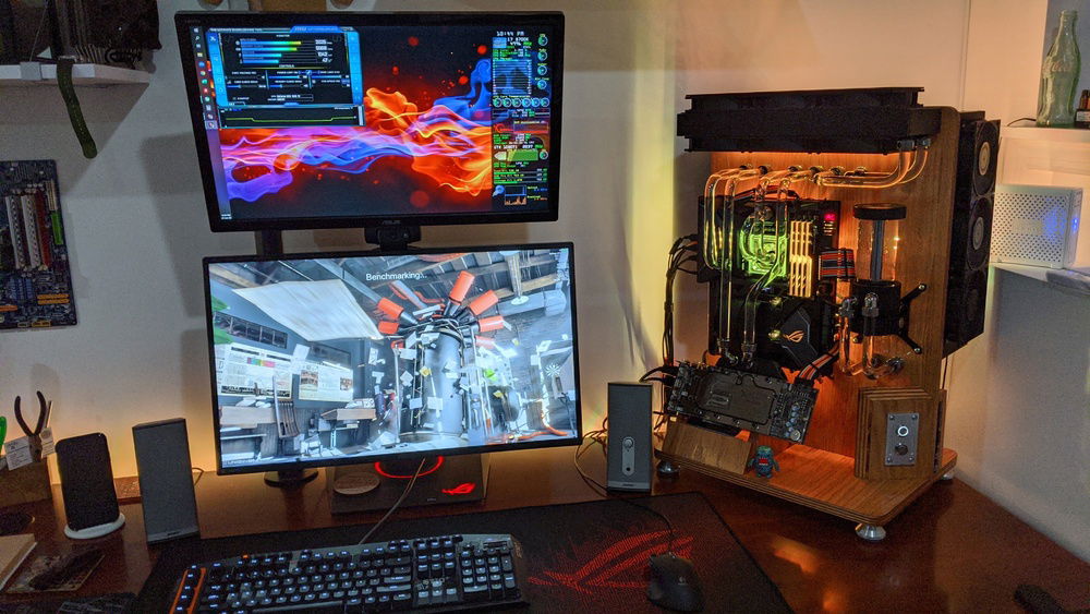 Here is my setup, it is a huge case/frame height wise, but it is only a little over 18" wide. The high gloss on the wood looks great withe the lights. 
I have them set to a ornage yellow to bring out the tones in the wood. 
The EK CPU block has a funky hue to it, too blue, give the CPU block a greenish color