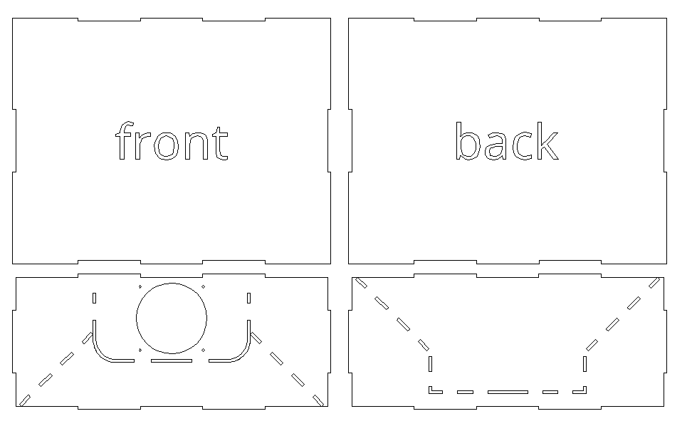 Front-side and back-side panels. Front will be cut from acrylic and back from plywood. bottom-left is the bottom plate and bottom-right is the top-plate.