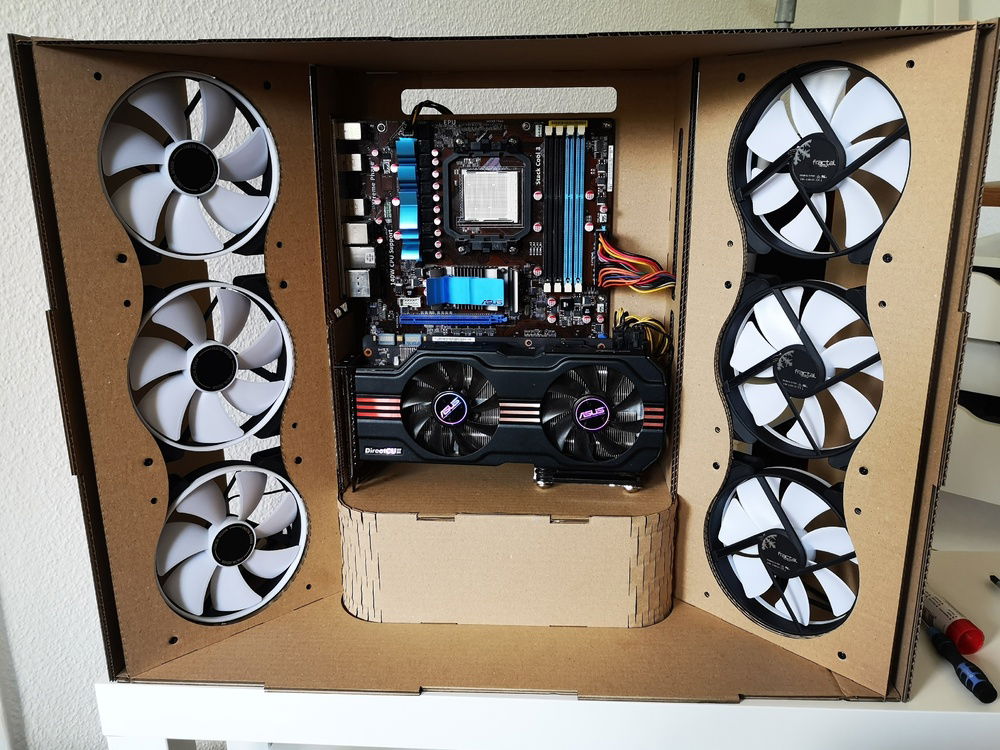 Final assembly with double layers of cardboard. The parts are not my final parts except for the fans.
