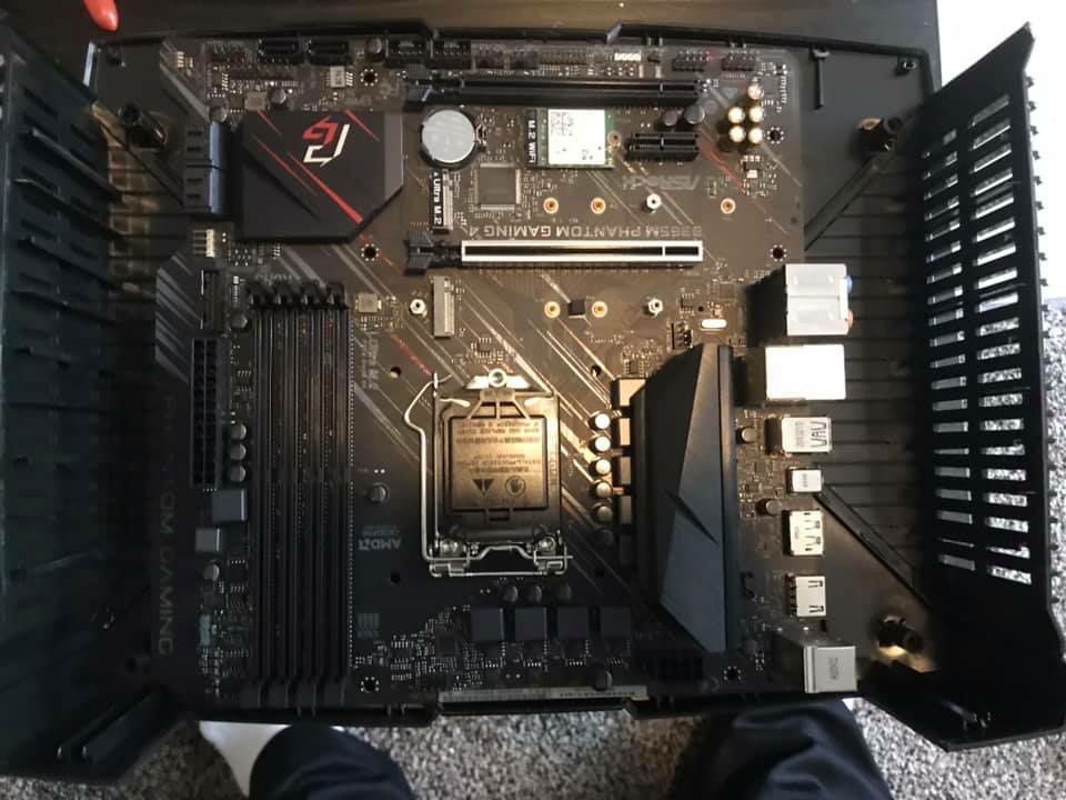 Test fit the motherboard. Again, this is a micro-atx motherboard mounted to the top of the XBOX case (mobo is upside down when case comes together).