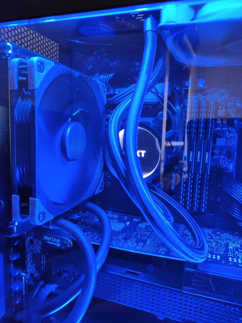 Corsair H90 AIO for GPU (partially visible) with fans in push/pull configuration, plus X63 pump.