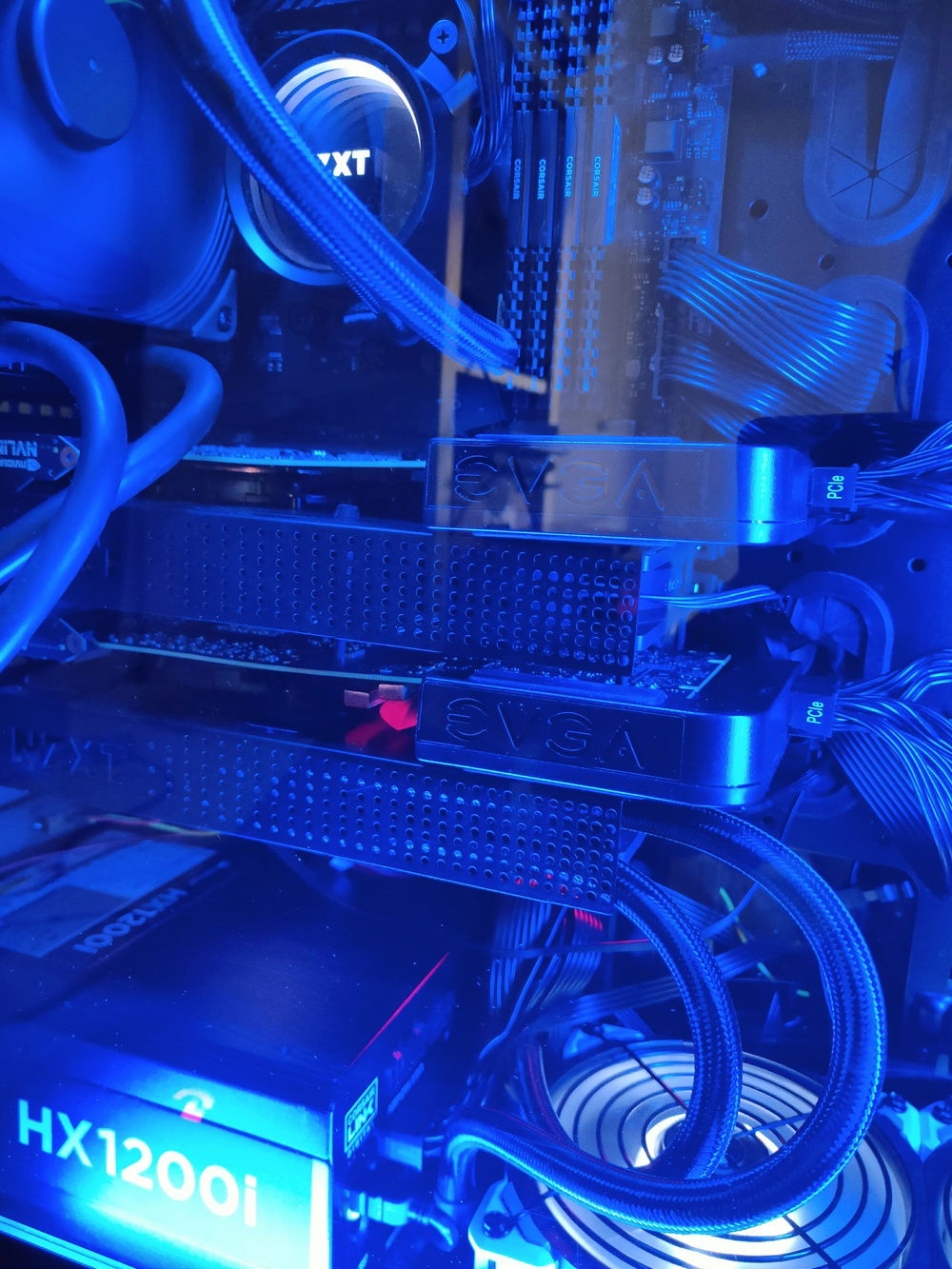 Detail of NVLINK (SLI) configuration, with two NZXT G12 brackets.