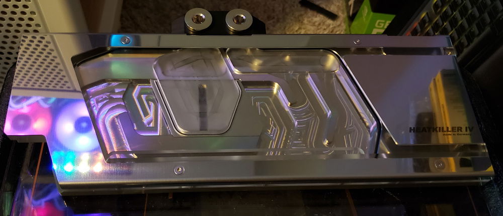 Nickel HeatKiller Pro IV RTX water block is going to look good with the nickel CPU block. Like the CPU block its so weighty that my decision on vertical mount was made.