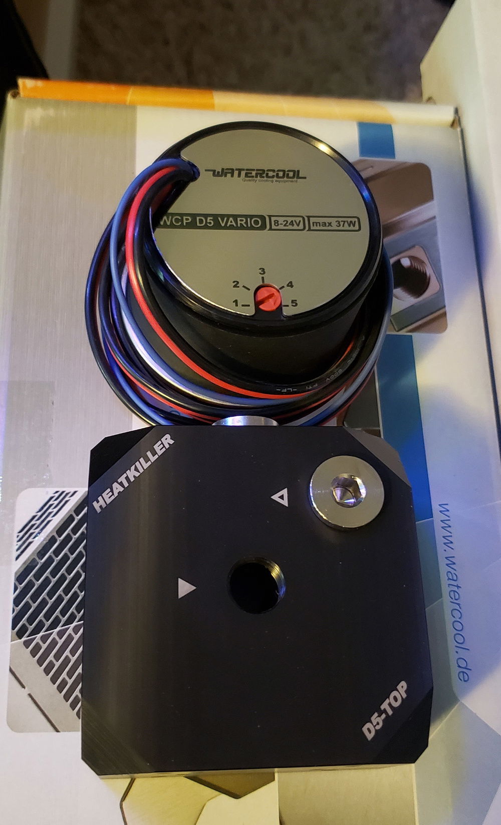 HeatKiller WPC D-5 Vario Pump and Pump Top. I stuck with Watercool for most of the major pieces of this water cooling puzzle