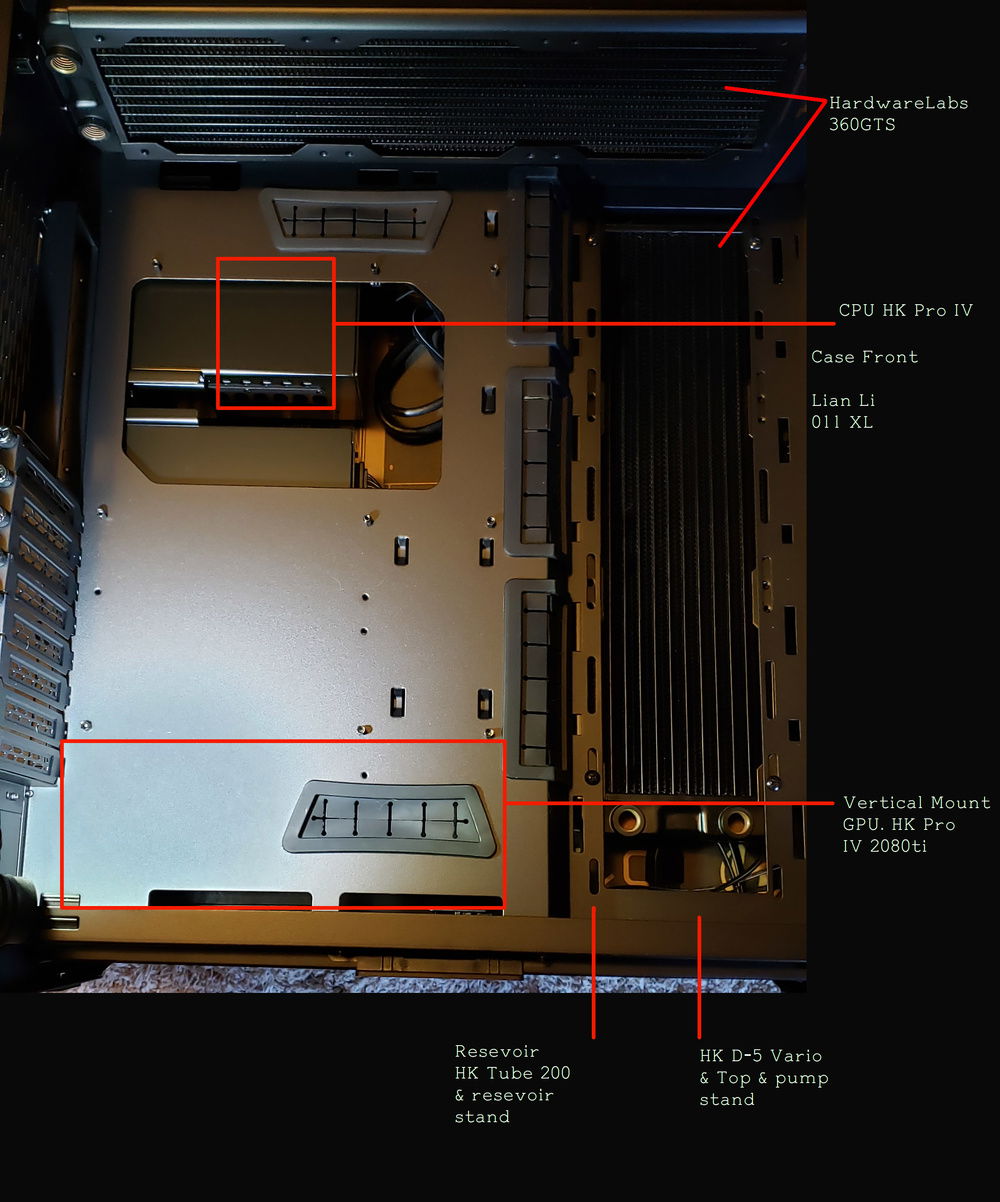Trying to plan location for the HK Tube 200 and D5 WPC Vario pump and top. Ended up swapping them with the reservoir first and then the pump. A slight modification in the mounting location of the vertical mount cage brought the GPU up higher giving me a lot more room.