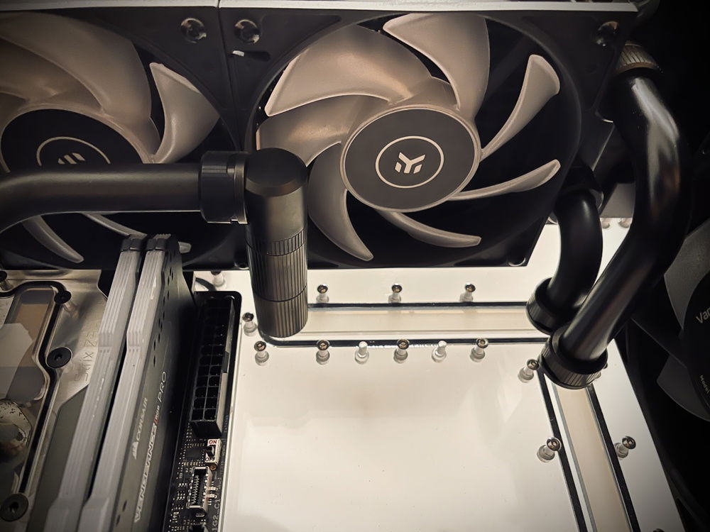 Close up of top radiator custom matte black tubing.