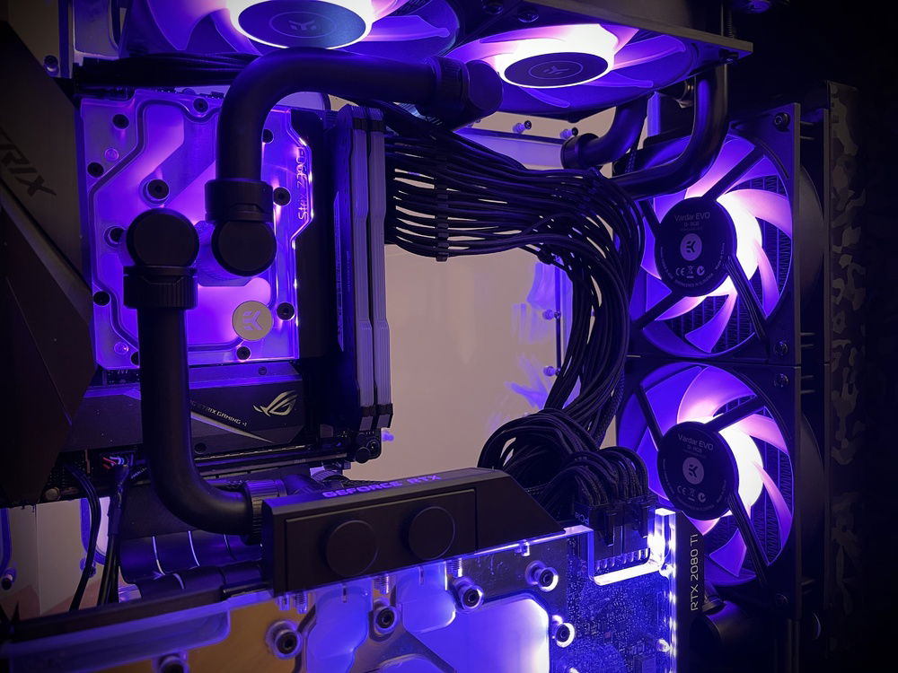 Closeup of D-RGB with EKWB Mystic Fog Coolant (temporary cabling).