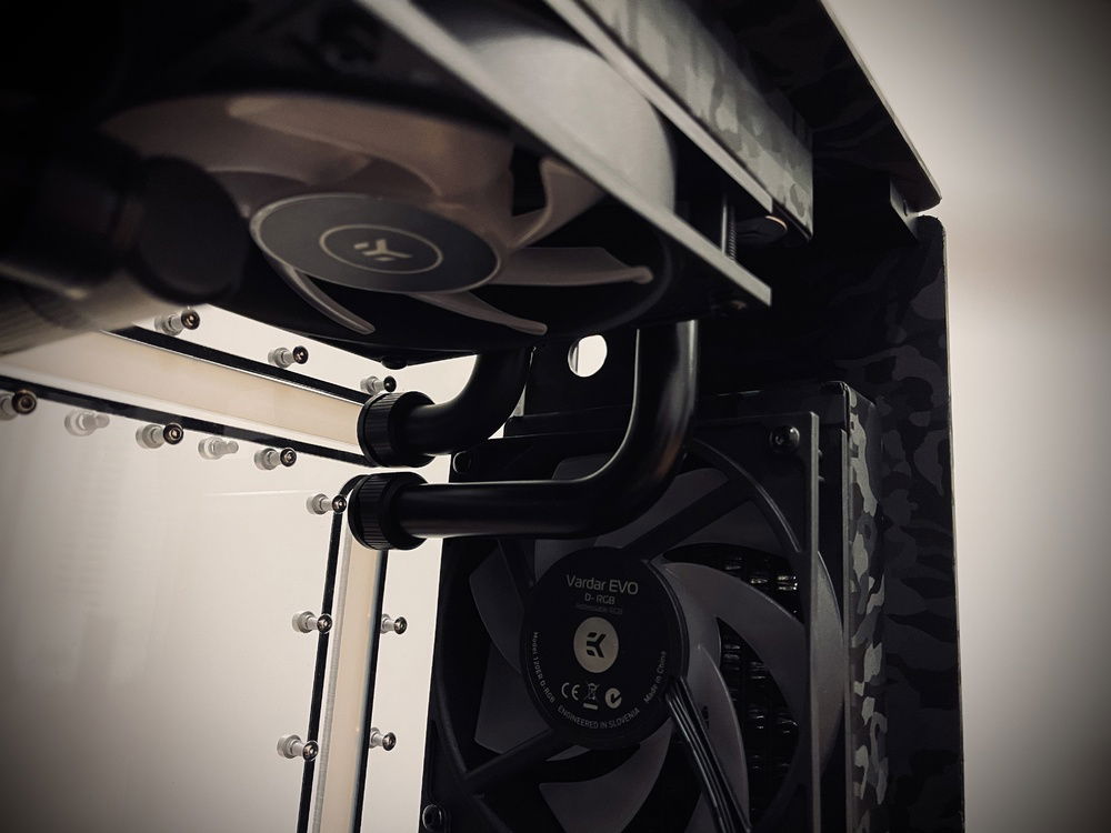 Close up of top radiator custom matte black tubing.