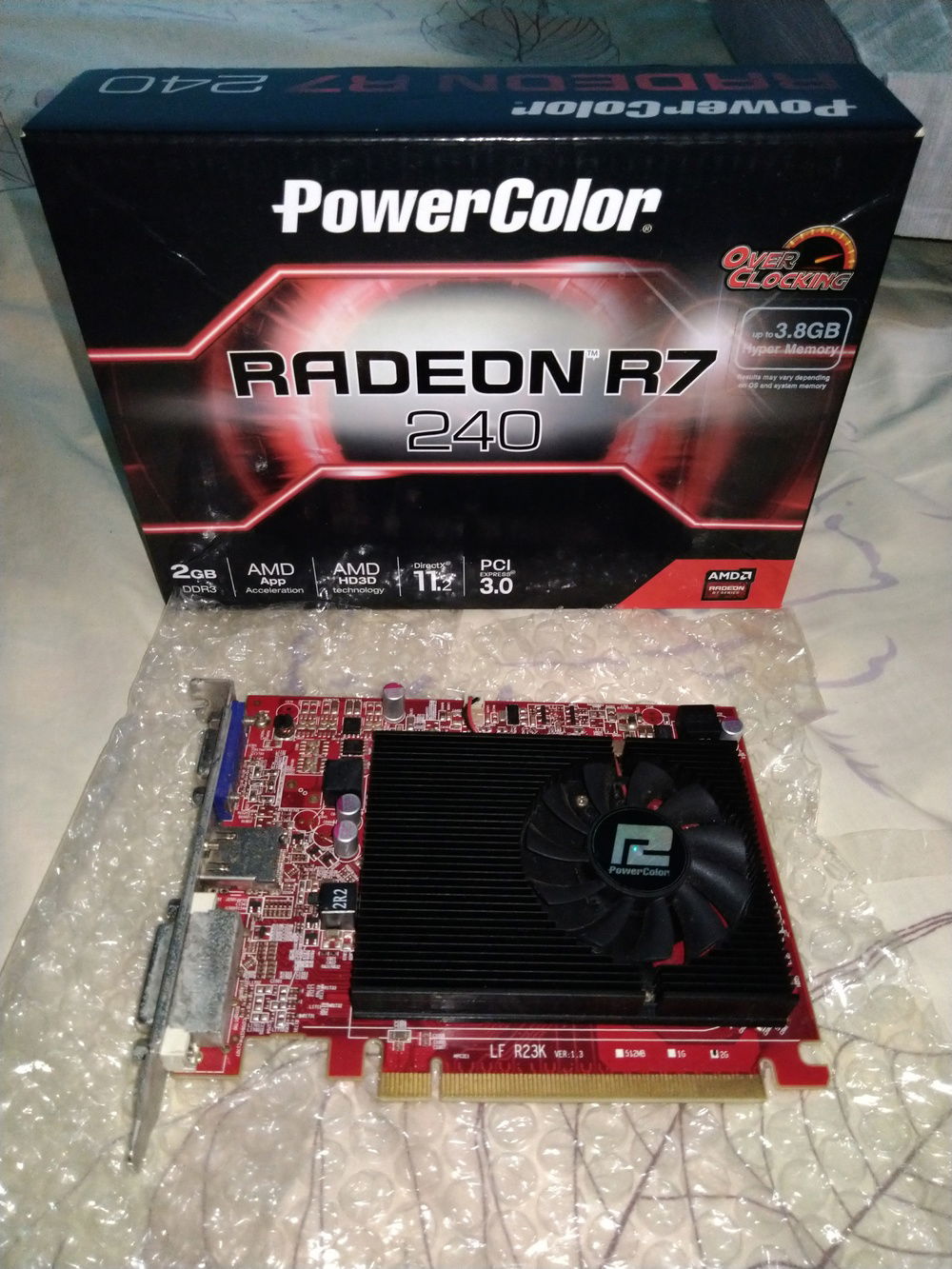 Powercolor R7 240 2 GB. This particular card was bought in February 2016 for use in our first machine. But after a month of usage, a random freeze had appeared. The card was presumed dead after a pc technician stated that the PC was unable to boot with, despite several hardware reseat. Two years after being displayed in my room, the card was retested to my updated 1155 motherboard, but miraculously the card was still alive, able to boot with zero problems and so, the card was saved from disposal. The card became the mainstay of my build until it was replaced by the GTX 1050 Ti in February 2020.