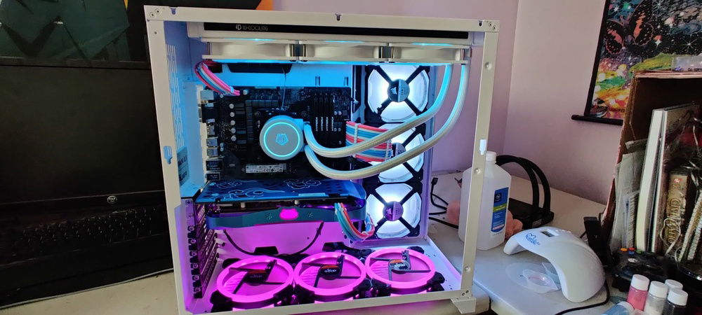 Part 2: ASrock H370M, Pentium G5400, and 16GB Kingston HyperX Fury @ 2400MHz. The new AIO is an ID Cooling Auraflow 360 Snow edition. This was with new pink, blue, and white sleeved cable extensions.
