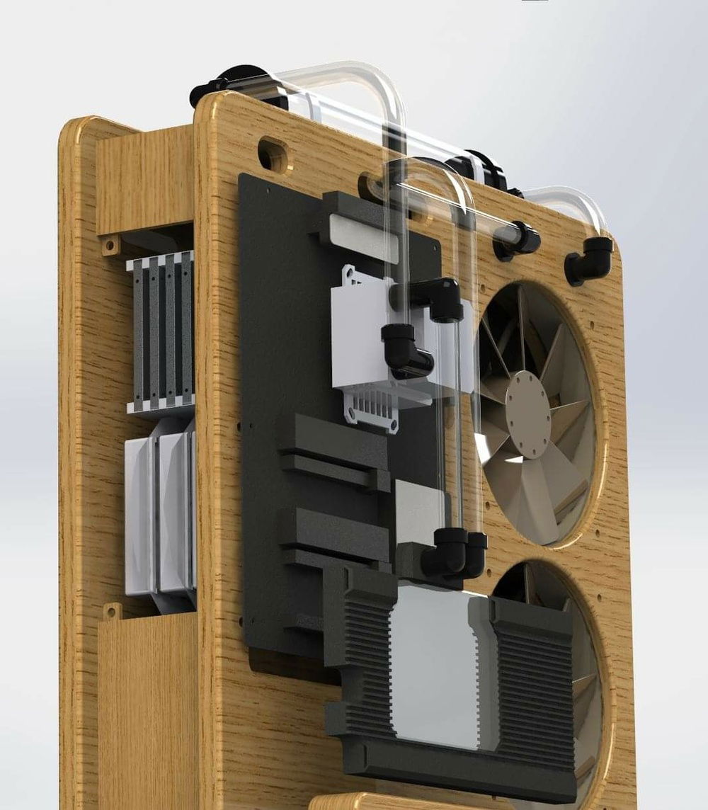 Rear access panel for hard drives. Up to 2 3.5" drives and 5 2.5" drives. Model shows 3 drives, but one will be taken up by a PCIe Sata card. PSU cutout needs to be modeled.