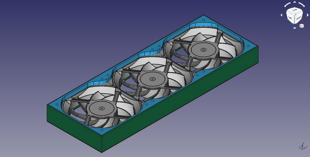 The bottom view of the shroud assembly with fans and gaskets installed.
