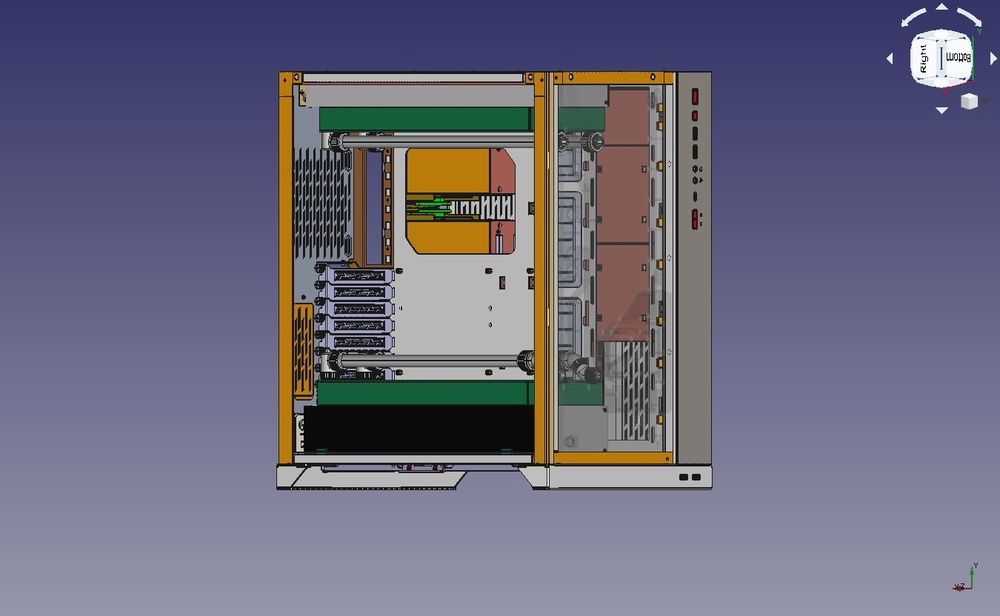 Case with radiators, fans and distro, with some plumbing to figure out compatibility of shroud to plumbing