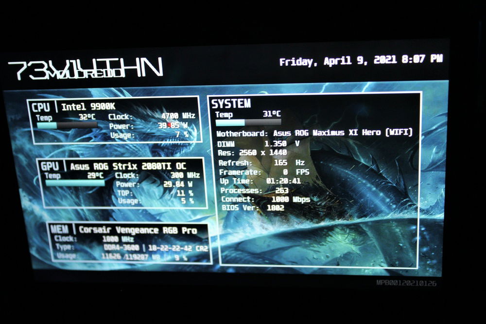 Sensor Screen designed for AIDA 64 Extreme. Screen runs 24/7 and is powered via micro usb to internal motherboard header and sends display signal to the dedicated HDMI port on the Motherboard via mini HDMI to HDMI, to relieve some stress from the GPU. Also serves as a nice backup display during maintenance avoiding the need to get external monitors during the process or in the case of GPU malfunction or unavailability.