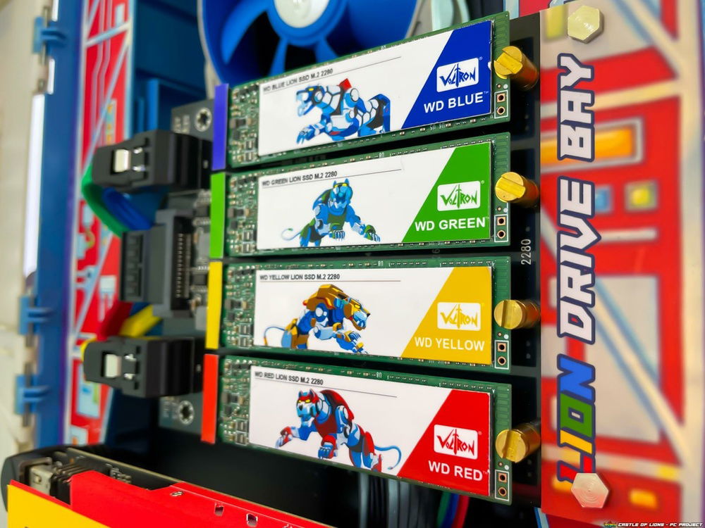 Close up of the Drive Bay (a Silverstone SDP11). I designed all the sticker art myself and printed onto glossy sticker paper