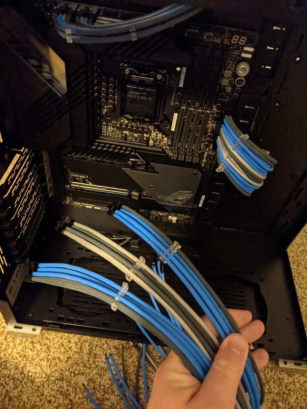 PCI-E cables (mostly) sleeved now. Added some cable combs as well