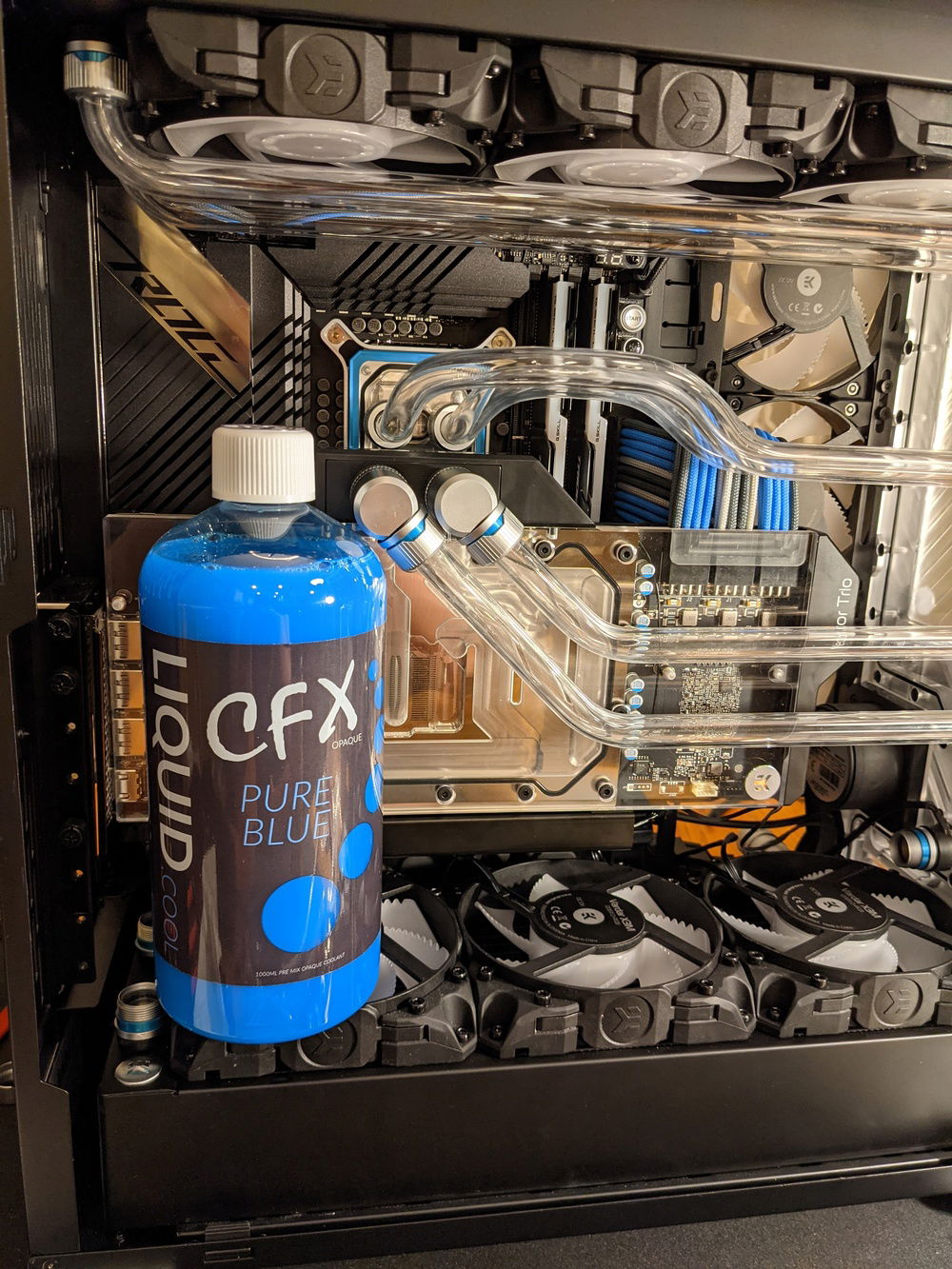 Preview of the coolant I'm using, next to all the other blue accents in the build. Looking forward to filling the loop with this!
