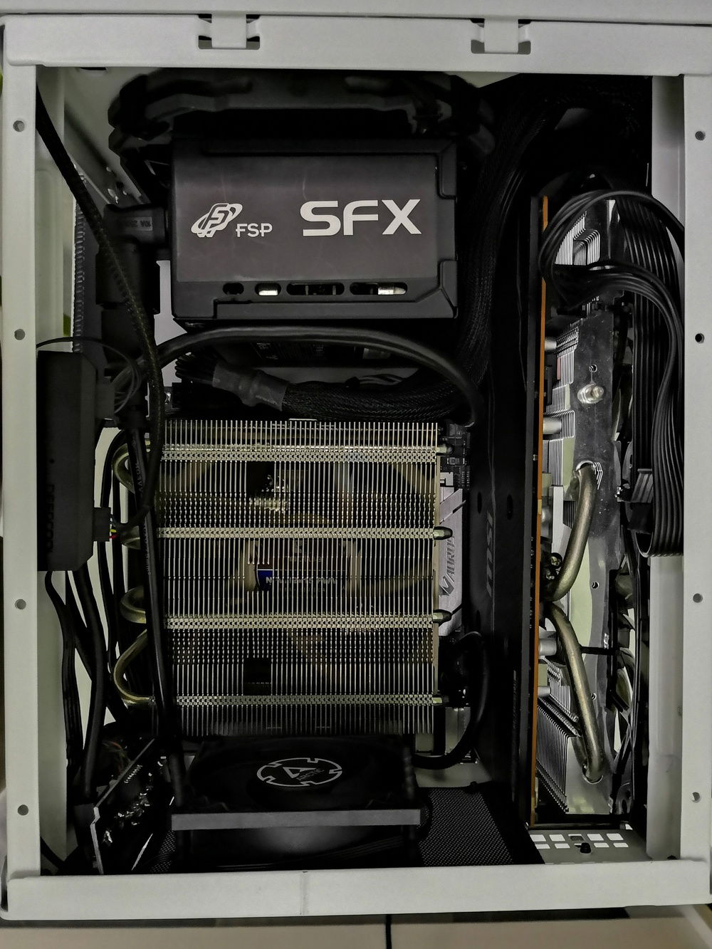 V1 of my front PSU mod set-up with the P8 at the rear, viewed from the top.