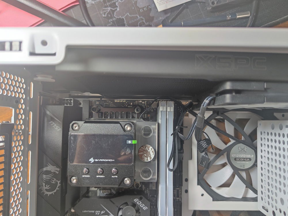 The fan on the elft of the pic are 17mm thick Scythe Kaze Flexes, which would not fit above the RAM. I could not test clearance until the Slims arrived. If those wouldn't fit, I would have to make it work some other way.