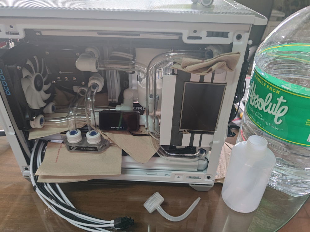 The most essential and unglamorous part of the testing process. It has been suggested to me to use a pressurizing leak tester, but I wanted to know where the leak was, if it leaked. 

The components were protected reasonably well, and anyway, I only powered up the pump during testing