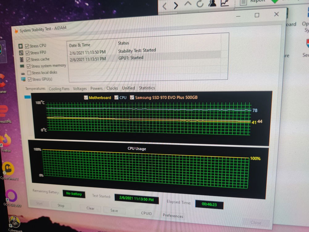 Stability test result on Aida64 stress test, but before reseating the CPU block and adjusting the overclock settings.