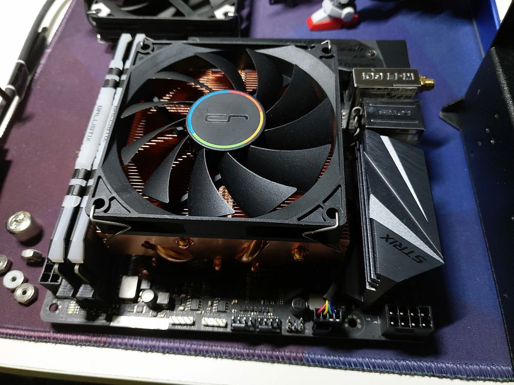 Strix B450-I Gaming Motherboard with 16GB Crucial Ballistix RGB and AXP-90 Copper with a Cryorig QT90 fan swap