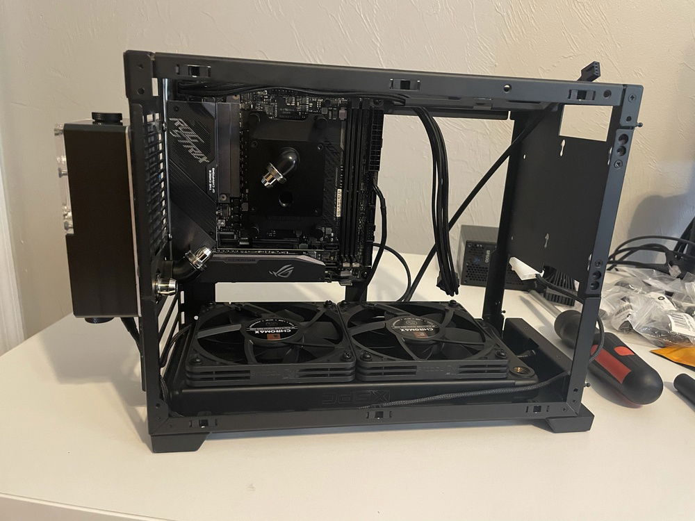 Popped the XSPC TX240 in with the Noctua Chromax 120mm fans just to get an idea of clearances. Debated using the EK SE 240 on the bottom since the XSPC was so hard to find but luckily I managed to snag one from Performance-PCs on Amazon.