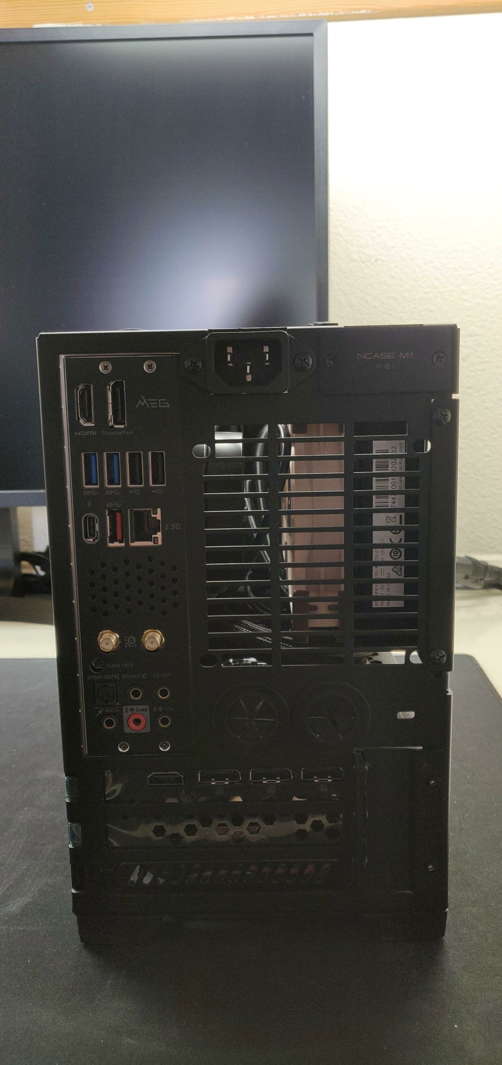 Back of case - there is room for 92mm fan and it has since been installed as exhaust. Make a note that the AIO pipes need to face the front of the case to get this to work right.