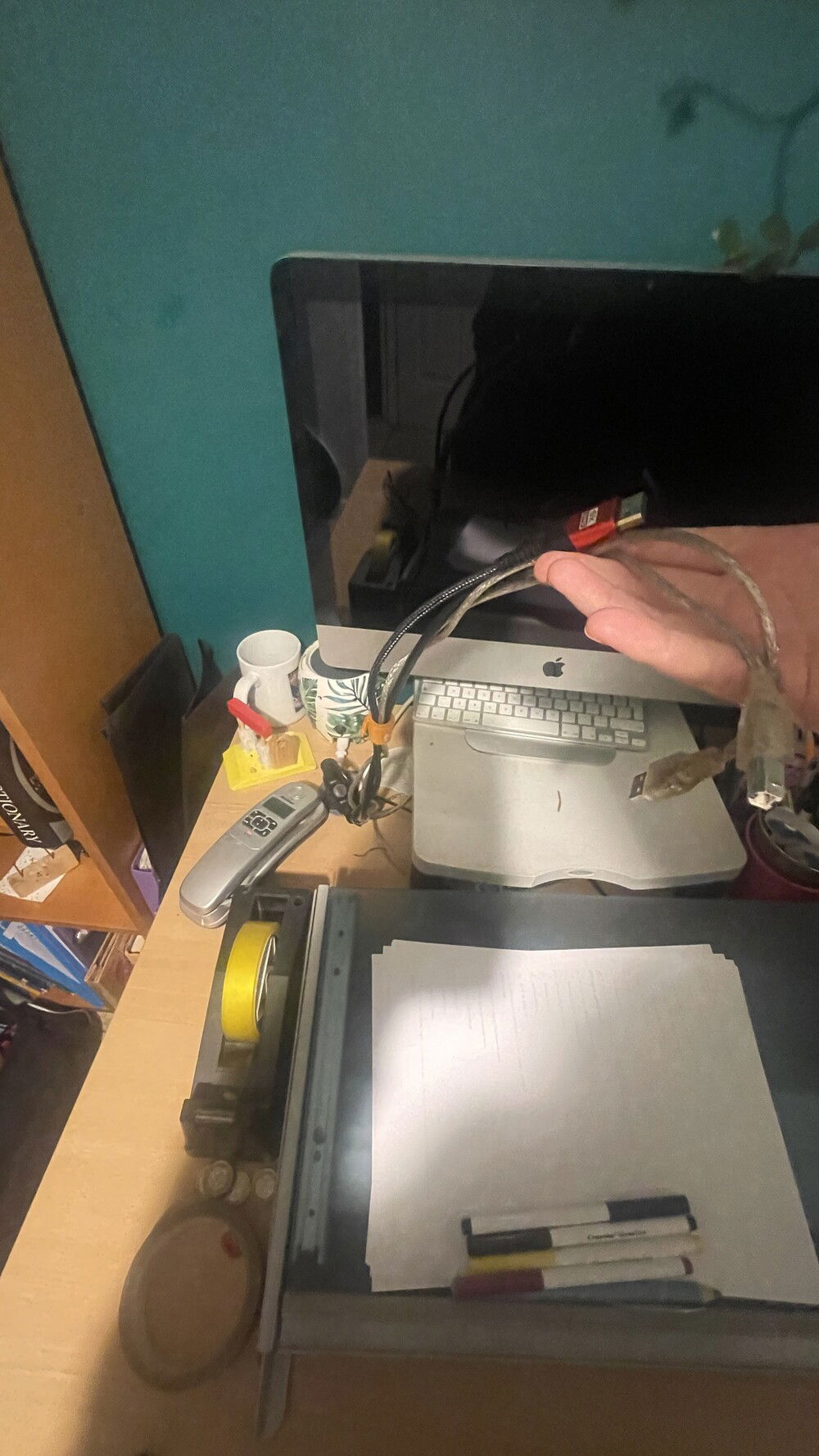 Cables for my monitor neatly hidden under monitor stand