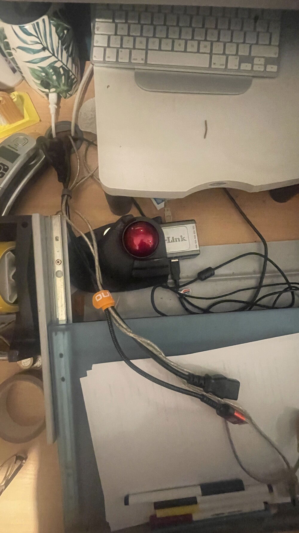 USB hub sharing access to printer keyboard and storage. USB hub switch is on the cards. My trackball safely under sliding desk