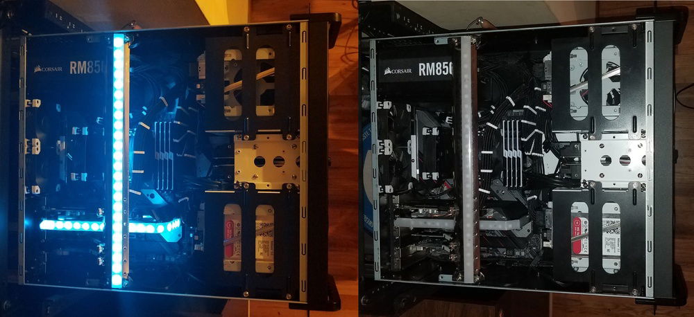 With LED diffusers and the RGB turned down, it is still difficult to make out the details put into this build so here is a side-by-side with the system on with no flash and off with the flash on. keen observers will notice the white stripe extends to the rear IO.