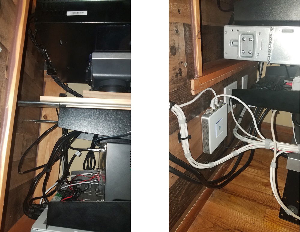 The secret to cable management in the back is zip tying excess cords under the vented rack shelves.