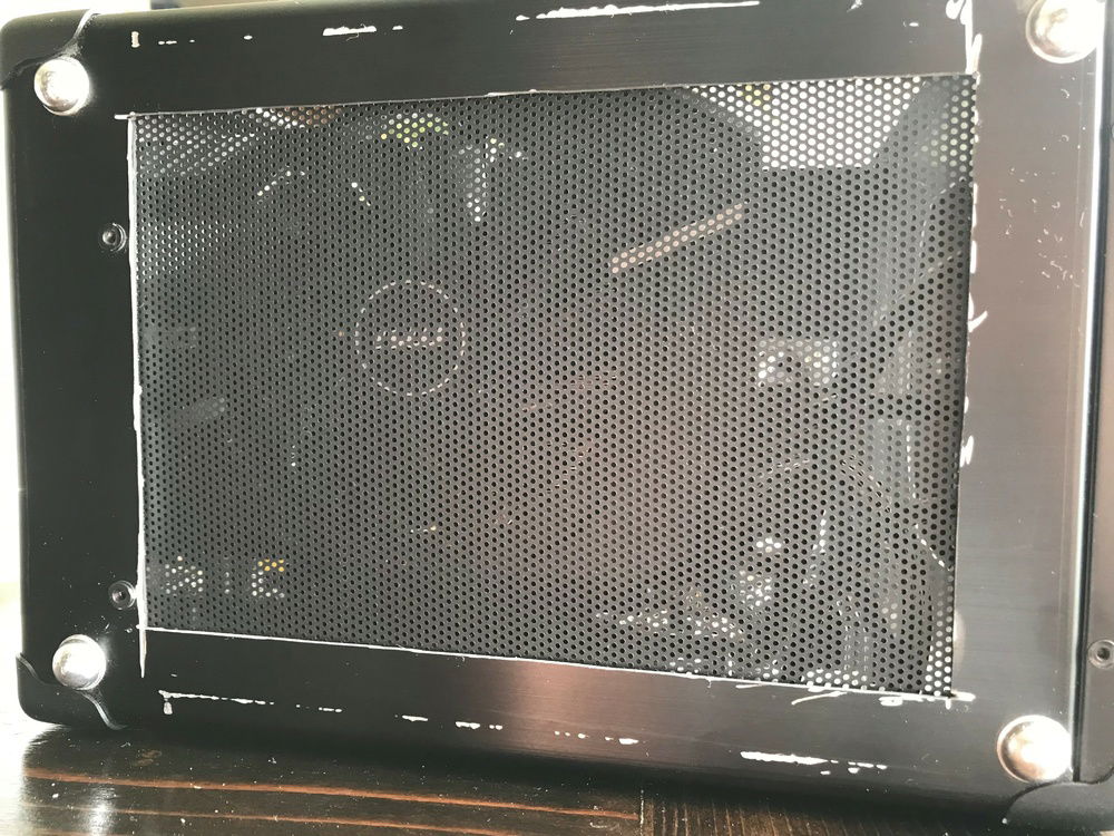 Had to make a cutout on the bottom so the video card could get air. It sits about 2cm from the bottom panel.