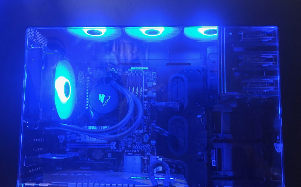 It now has rgb fans which I decided to set to blue for now. Side Note: due to me having an extra fan, the small AIO is now running in a push/pull config.