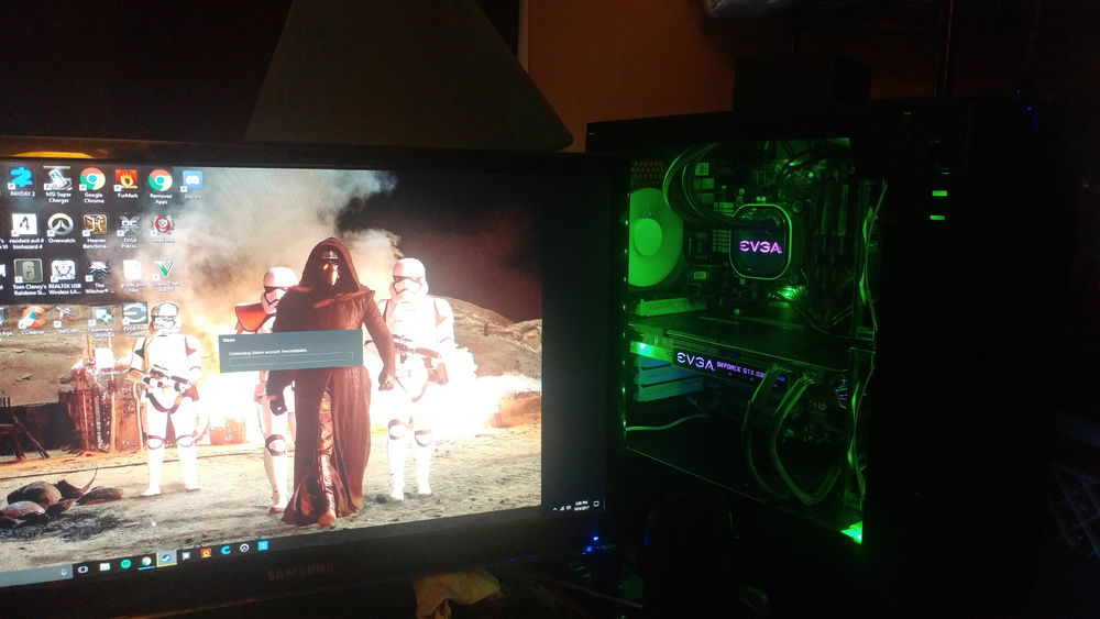 One of the better pics of my build. My wife has a mirror build with the LED colors opposite (green  EVGA and purple RGB lights)