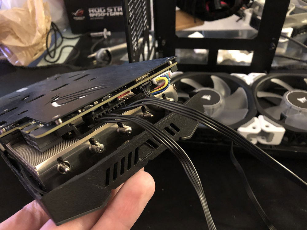 In-progress 3: Corsair ML120 fans connected to headers on graphics card