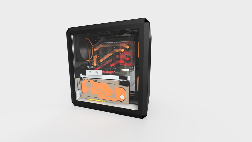 Front and side panel where vertical GPU and fluid distro plates are most visible. I don't know how to render a great image so the clear acrylic looks weird