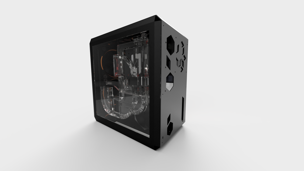 Rear and side panel where the PSU shroud and cable routing distro plates are most visible.